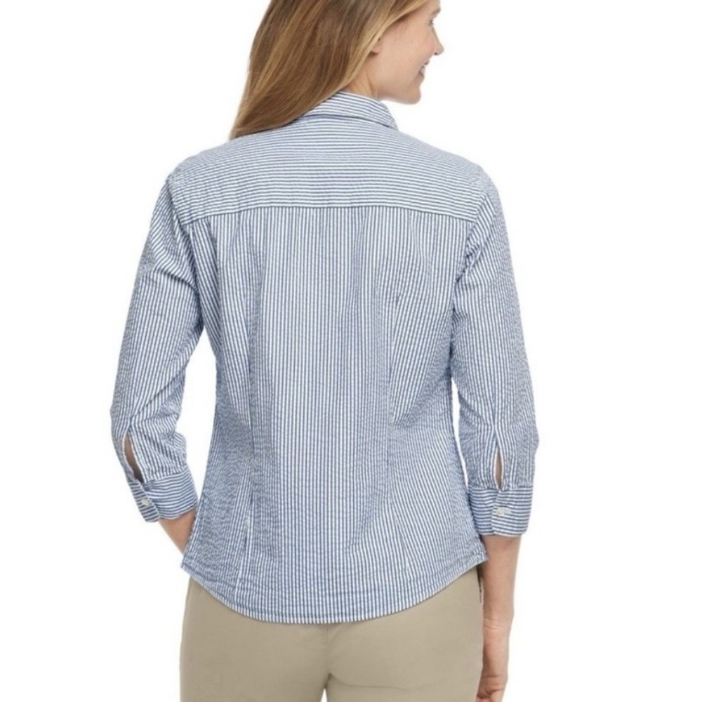 LL Bean Blue White Stripe 3/4 Sleeve‎ Button Up Cotton Seersucker Shirt LARGE - Picture 3 of 11